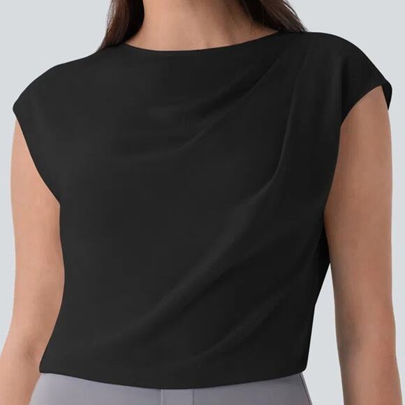 Halara Boat Neck Ruched Cap Sleeve Back Work Top Black Elegant XS - Picture 1 of 6